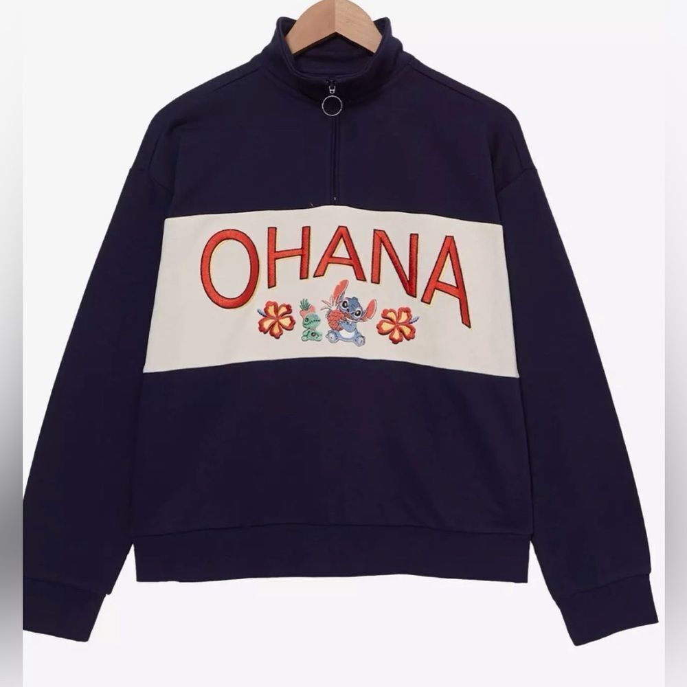 Disney Stitch Ohana Surf Quarter Zip Crew Navy Various Sizes NWT IN PACKAGE